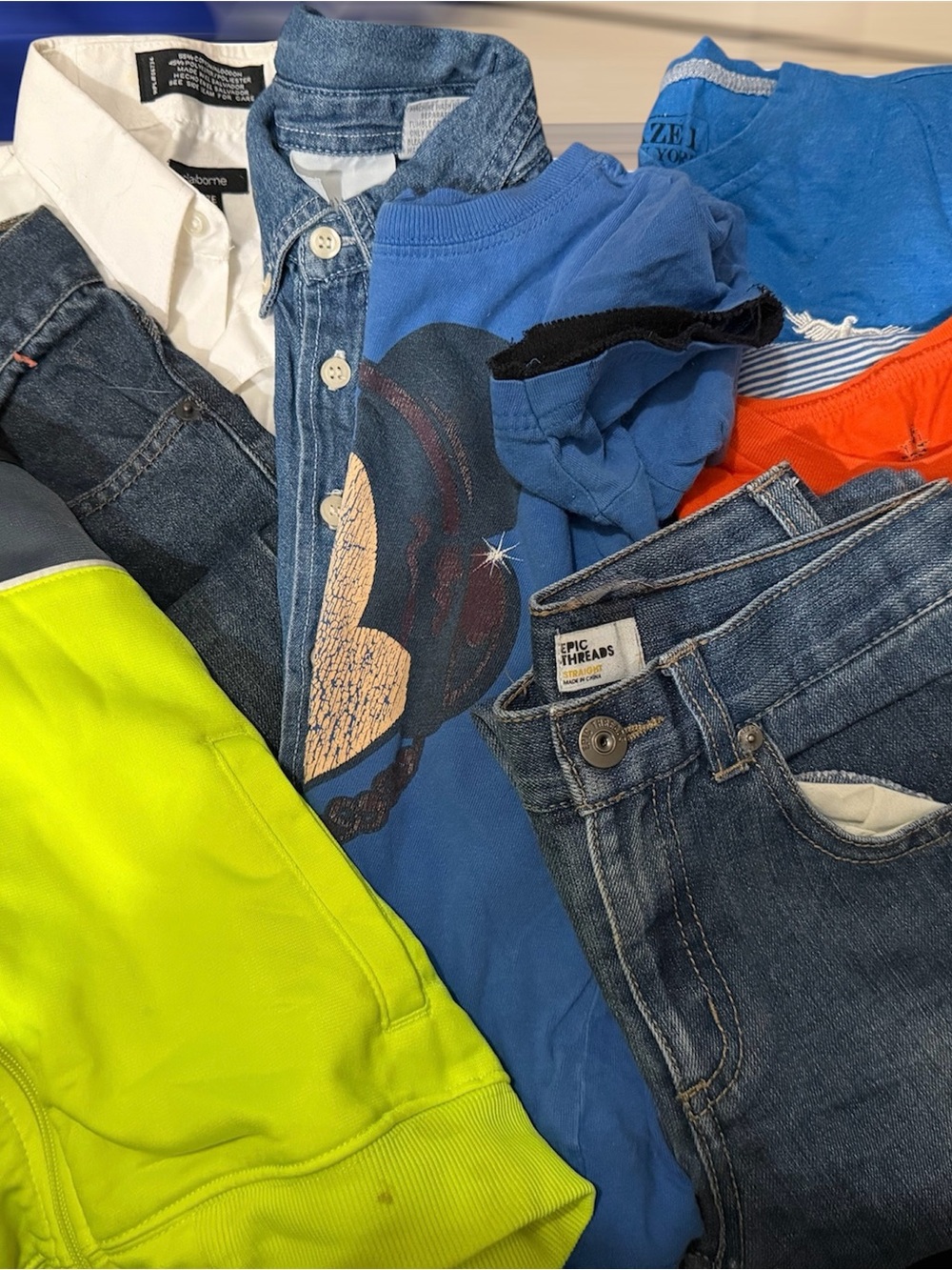 Mixed Blue Denim & Graphic Tee Bundle with Neon Yellow Accent